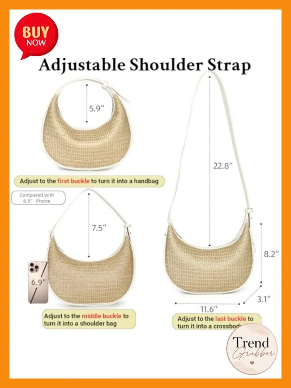 Straw Crescent Hobo Shoulder Purses Handbag with 3-Way Carry, PU Leather
